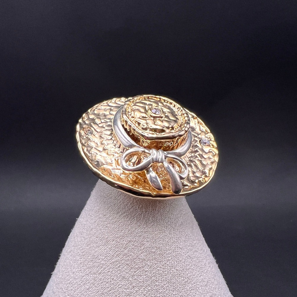 Vintage Straw Hat Brooch Two Tone Bow Rhinestones Bow Cottage Tea Garden Party